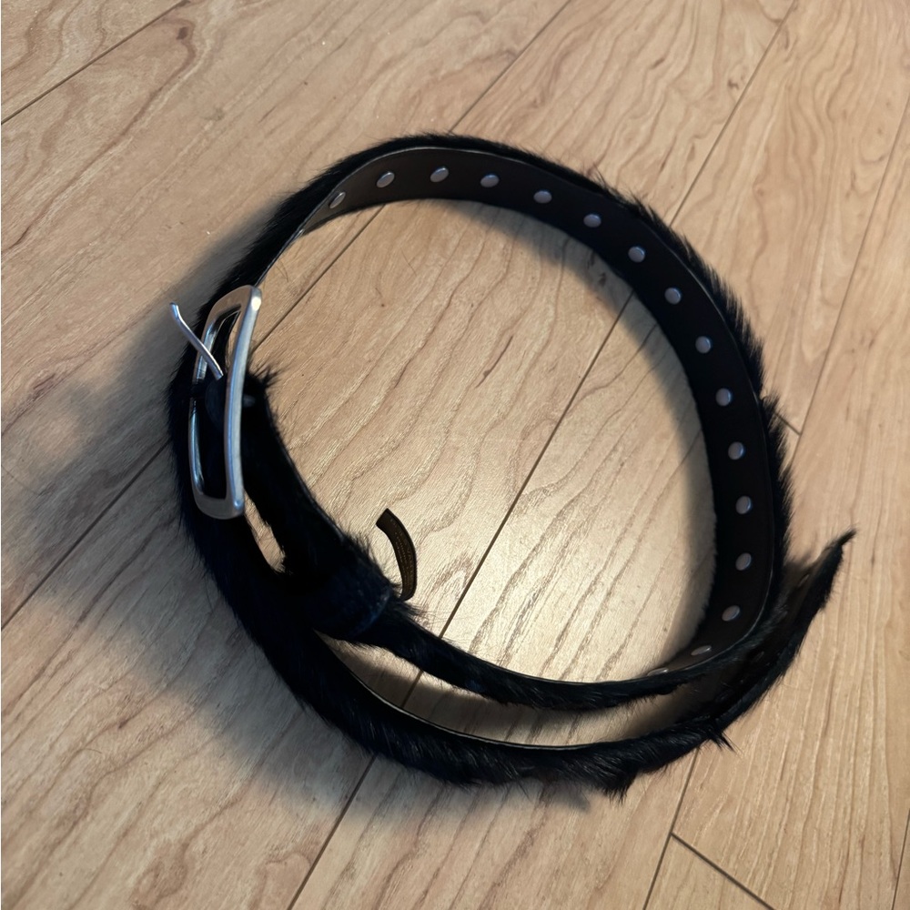 Dries Van Noten Black Hair On Leather Furry Belt with Silver Studs